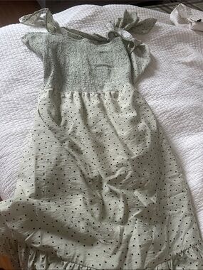 Smocked Polka Dot Tie-Shoulder Midi Dress - Light Sage